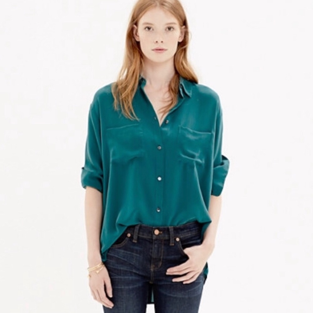 MADEWELL Emerald Silk Button Front Blouse